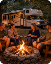 Campfire gathering area at Roses RV River Resort in Millbrook, Alabama