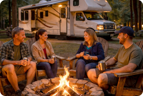 Guests enjoying an evening around a fire ring at Roses RV River Resort